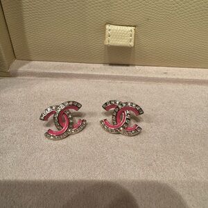 Large CC Pink and Silver Earrings
